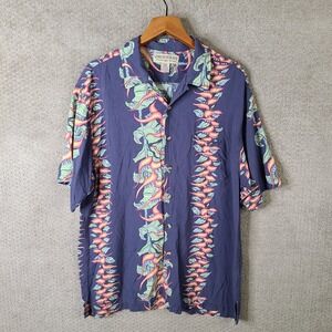 Unionbay Shirt Mens L Blue Hawaiian Floral‎ Rayon Button Up Tropical Camp Beach